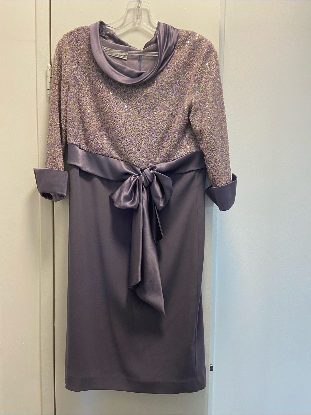 Lavender Sequin-Bodice Midi Dress with Satin Waist Tie